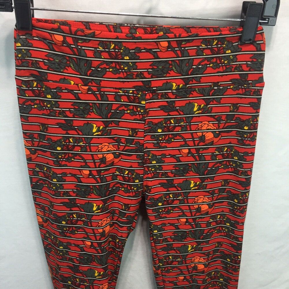 LuLaRoe One Size Red Striped Poppy Floral Leggings H16